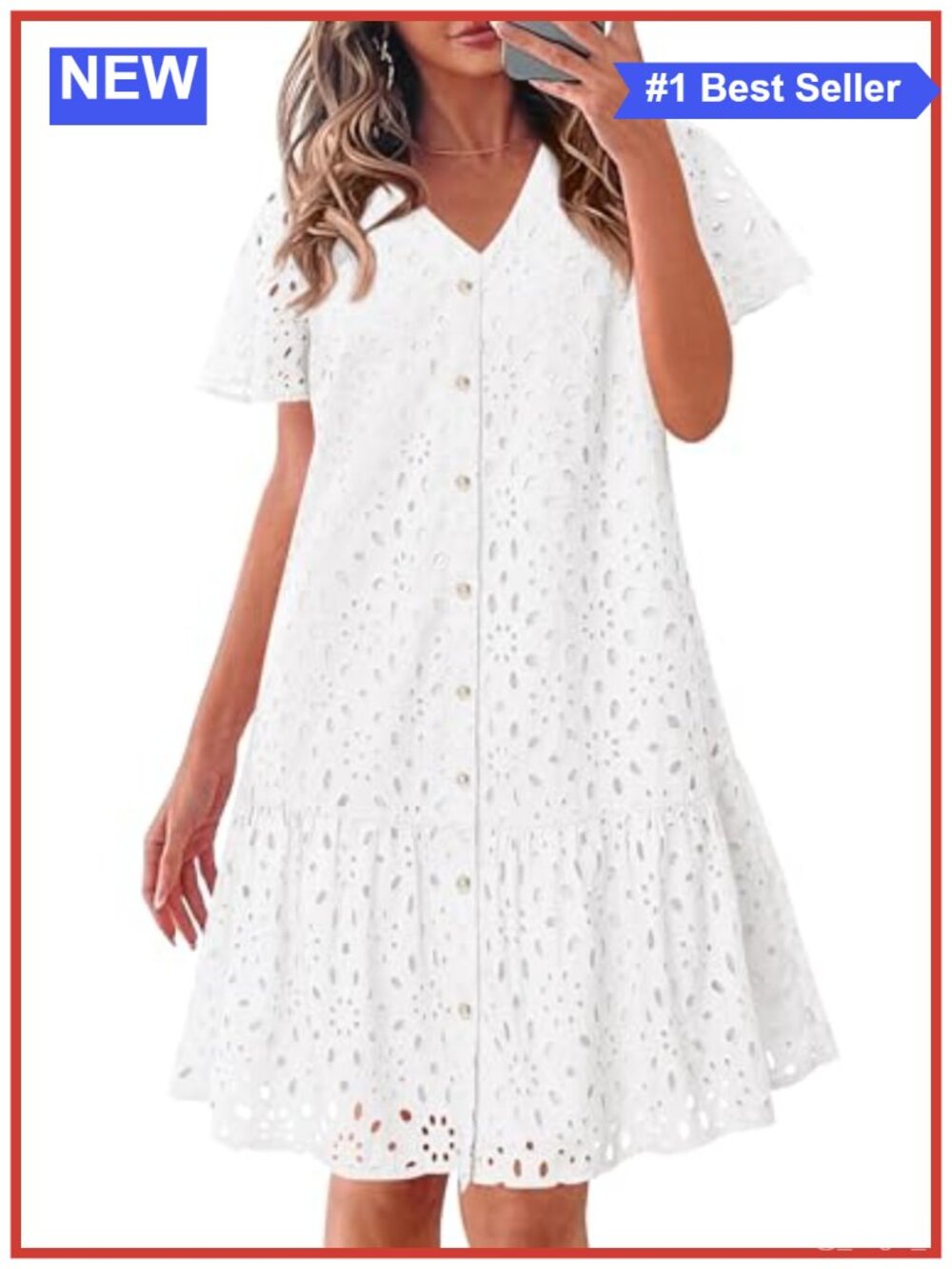 Eyelet Babydoll Mini Dress Button Down Cotton A-Line Summer